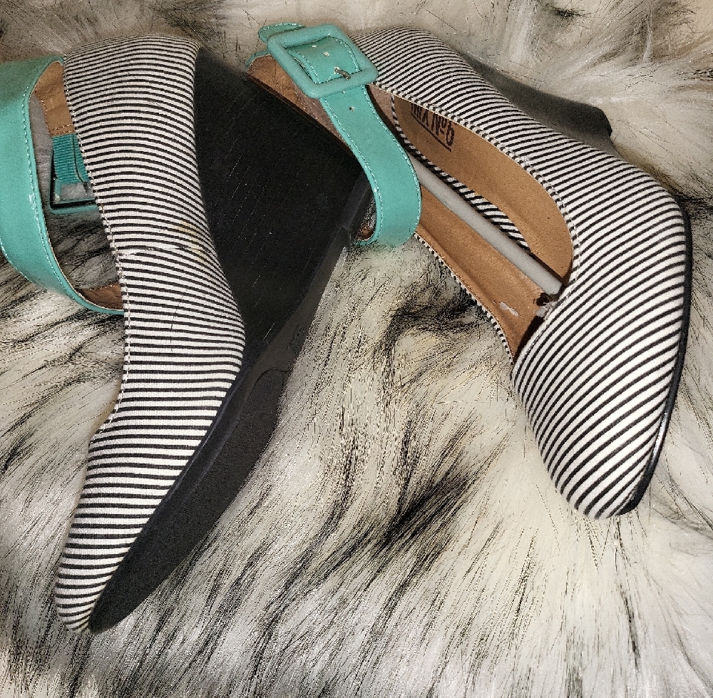 Striped Black and White Women's Shoes with Teal Accent